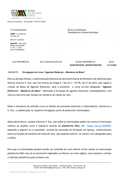  Curso &ldquo;Agentes Eleitorais &ndash; Membros de Mesa&rdquo;
