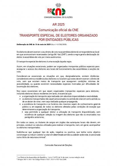Elei&ccedil;&atilde;o AR - 18 de maio de 2025 / Comunica&ccedil;&atilde;o da CNE  
