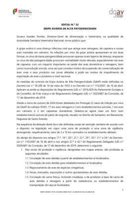 Deteção de um foco de infeção por vírus da gripe aviária de alta patogenicidade H5N1