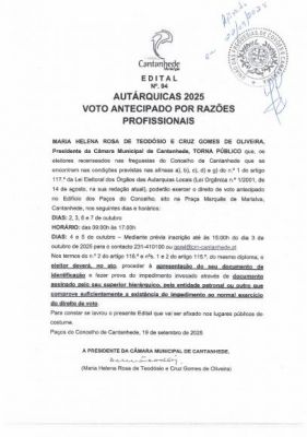 ELEIÇÃO DOS ÓRGÃOS DAS AUTARQUIAS LOCAIS 2025 / Votação antecipada por motivos profissionais _ 02 a 07 de outubro de 2025