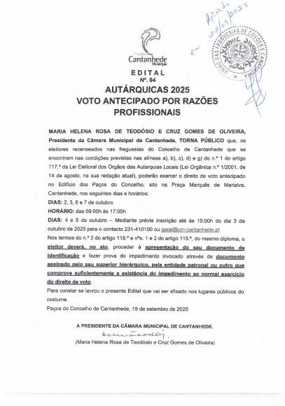 ELEIÇÃO DOS ÓRGÃOS DAS AUTARQUIAS LOCAIS 2025 / Votação antecipada por motivos profissionais _ 02 a 07 de outubro de 2025
