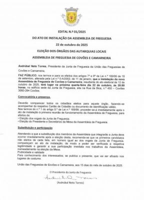 EDITAL N.º 01/2025 DO ATO DE INSTALAÇÃO DA ASSEMBLEIA DE FREGUESIA