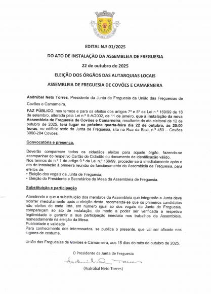 EDITAL N.º 01/2025 DO ATO DE INSTALAÇÃO DA ASSEMBLEIA DE FREGUESIA EDITAL N.º 01/2025 DO ATO DE INSTALAÇÃO DA ASSEMBLEIA DE FREGUESIA