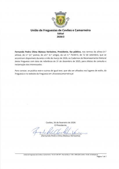 Edital n.&ordm; 2/2026 - Consulta de Cadernos Eleitorais - Mar&ccedil;o 2026